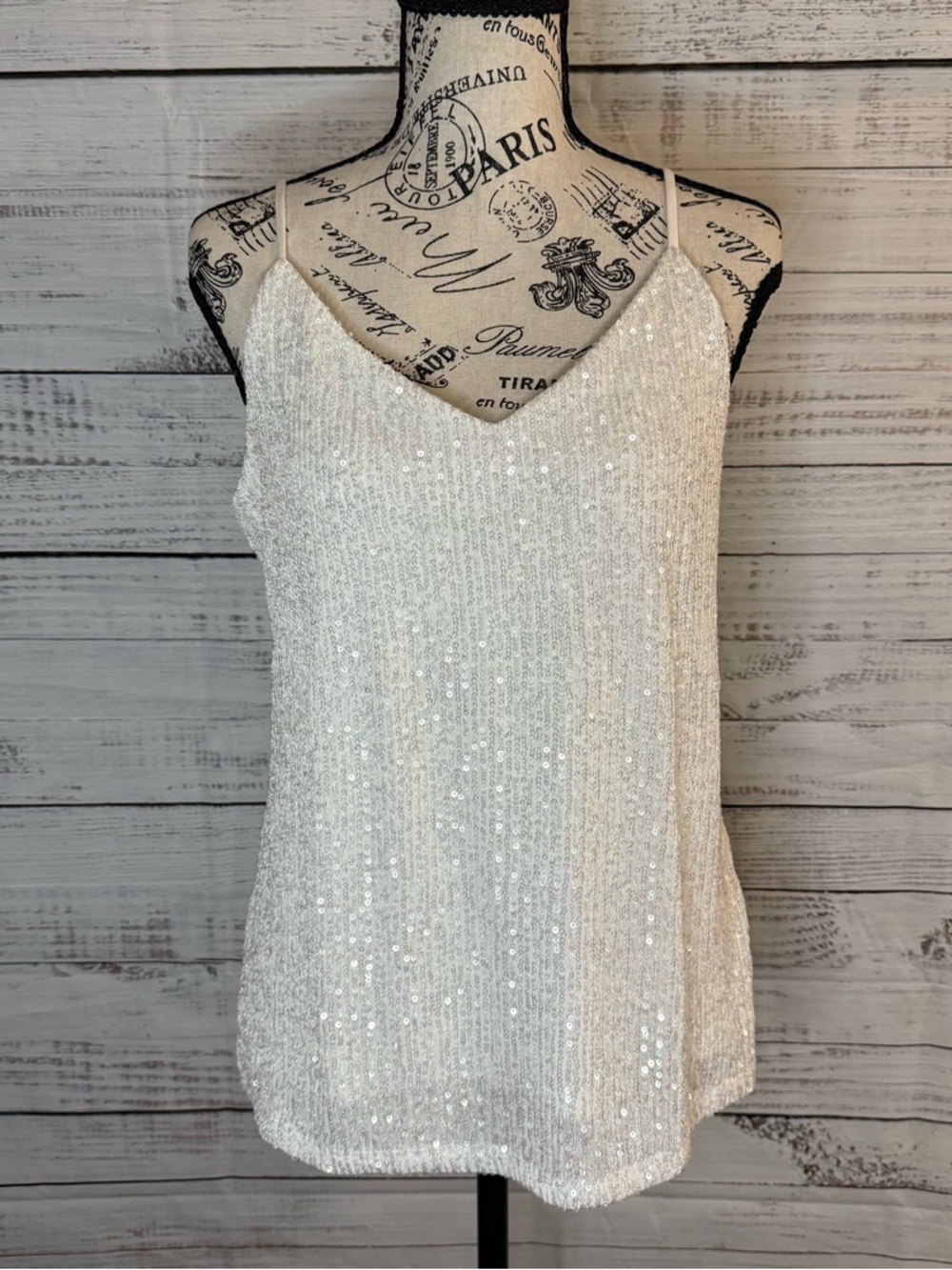Sequin V-Neck Cami Tank Top - White size medium NIB
